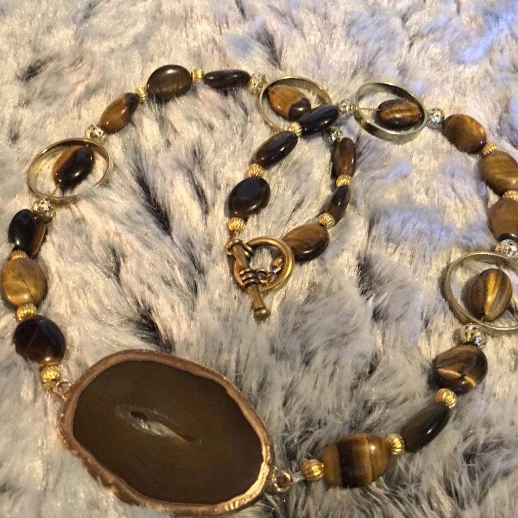 Agate Druzy Necklace W/ Tiger Eye & Gold Accents